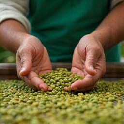 Mani che controllano chicchi di caffè verde in una piantagione