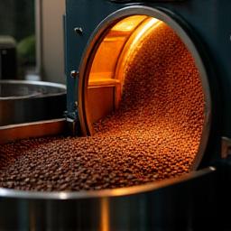 Tostatore di caffè in azione con chicchi in movimento